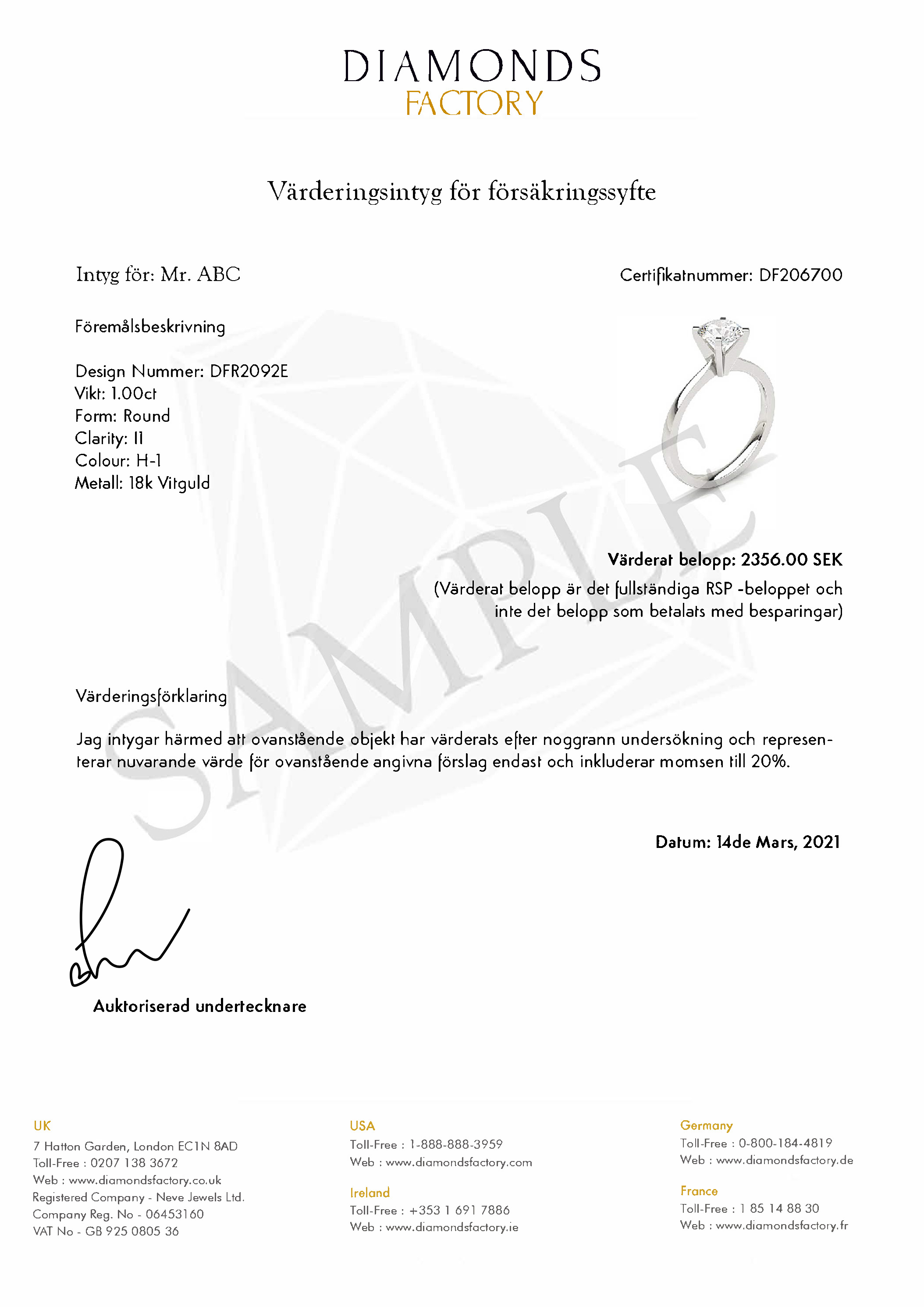 Valuation Certificate